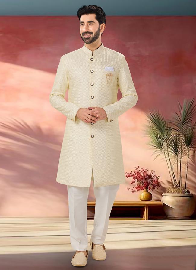 Silk Cream Wedding Wear Embroidery Work Readymade Sherwani